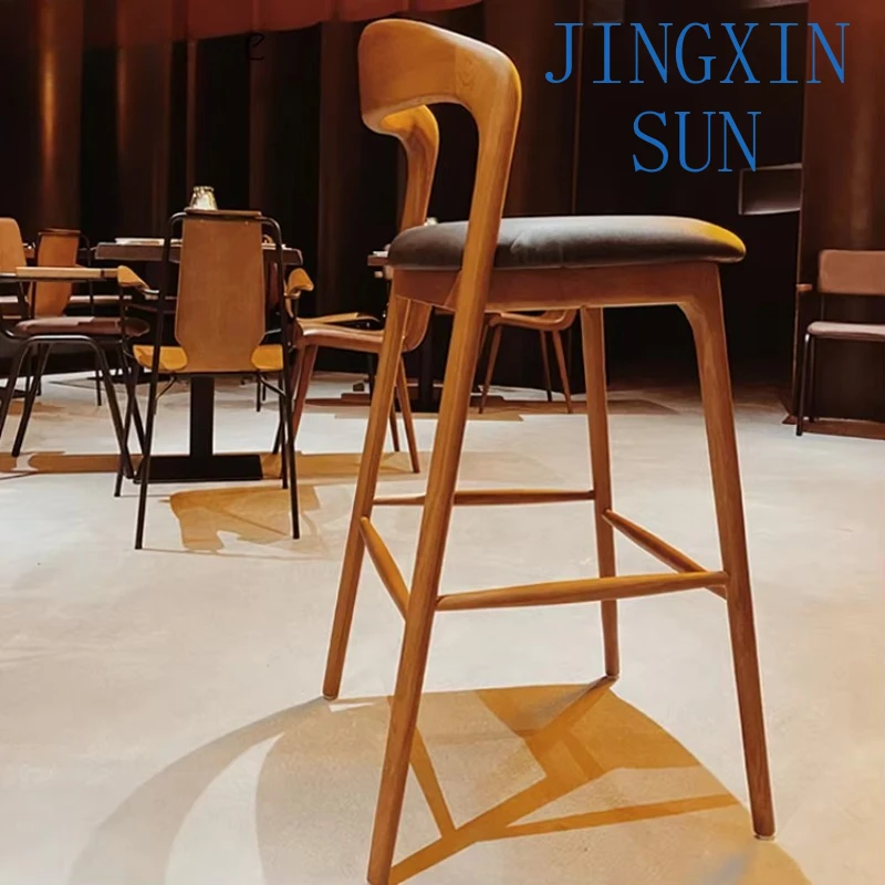 Nordic Luxury Modern Leather Seat Wooden Bar High Chair Kitchen Dining Barstool Seat Counter Height Bar Stool for Restaurant