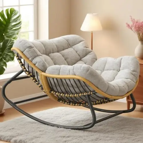 Papasan Rocking Chair with Comfy Thick Cushion, Oversized Outdoor Rocking Chair with Steel Frame, Wicker Rattan Lounge