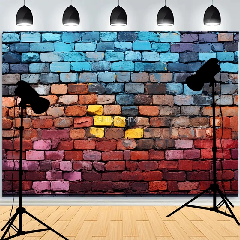 Graffitistyle-Fondo de pared de ladrillo pintado de arcoíris, textura rústica dañada, fondos de fotografía Grunge BK-14