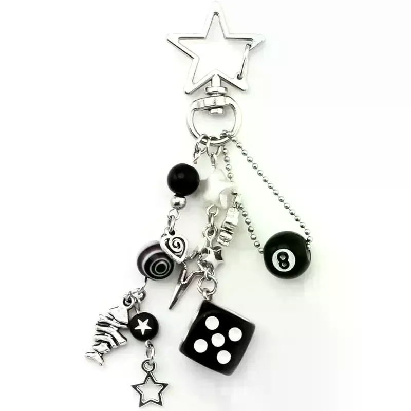 Punk Hiphop Black Dice No. 8 Billiard Keychain Y2K Pink Lucky Dice Starburst Pendant Bag Charms Hanging Ornament Accessorie Gift