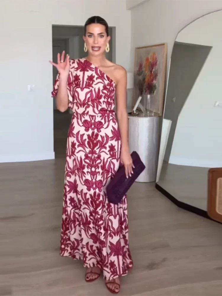 

2025 Elegant One Shoulder Women Printed Maxi Dress Short Sleeveless Backless High Waist Long Dresses Summer Lady Party Robes