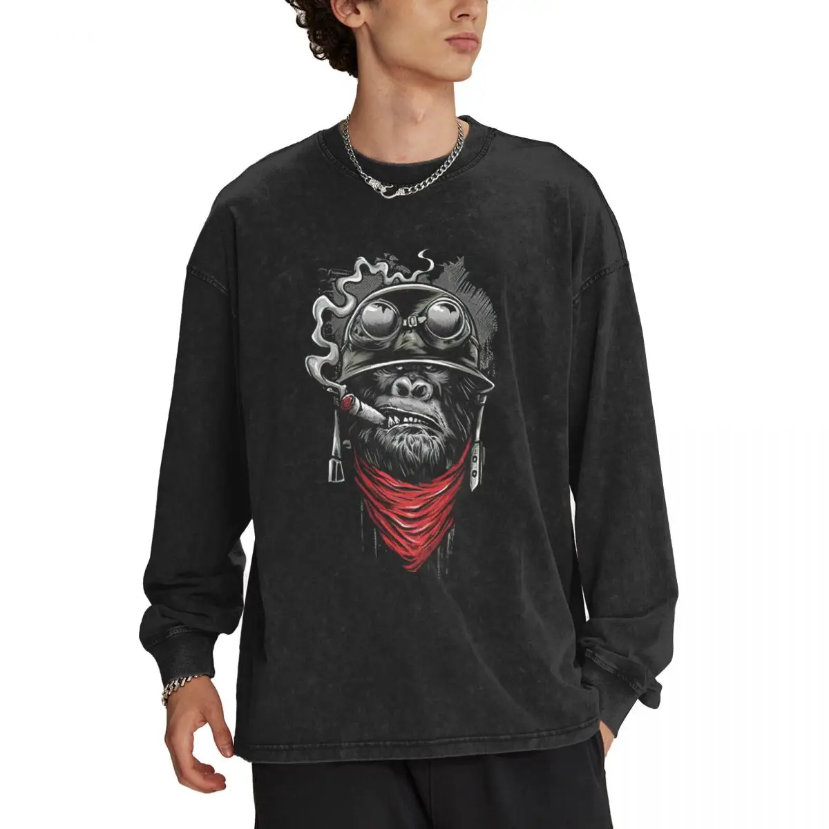 

Funny Skull Men's Crew Neck Long-Sleeved T-Shirt Retro Washed Cotton Long Sleeve T Shirts Personal Top Clothing for Man Black