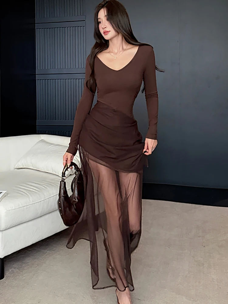 2025 Solid Knitted Patchwork Mesh Sheer Sexy Long Dress Women Elegant Casaul Fake Two Piece Dress Autumn Winter Korean Vestidos