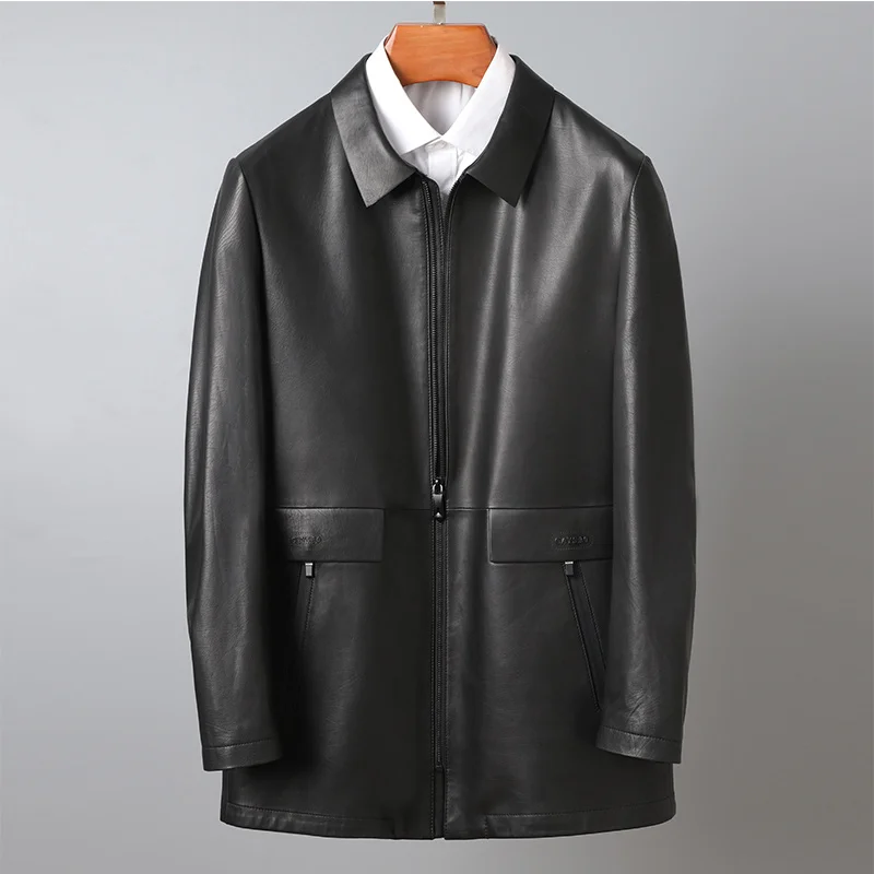 

Genuine Cow Leather Clothes Men Fashion Long Type Lapel Business Casual Jacket Slim Coats