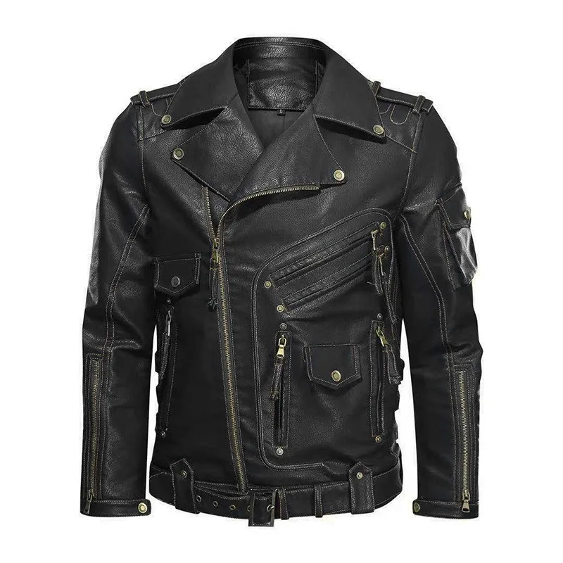 2024 New Autumn Motorcycle Leather Jacket Multi Pocket Zipper Leather Jacket Men's Punk Jacket