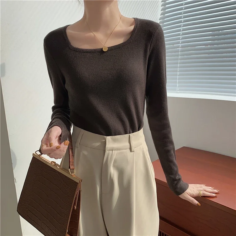 New Square Collar Knit Sweater Women Pullovers Long Sleeve Knitted Sweater Pullover Women Tops Sueters De Mujer Knitwears M893