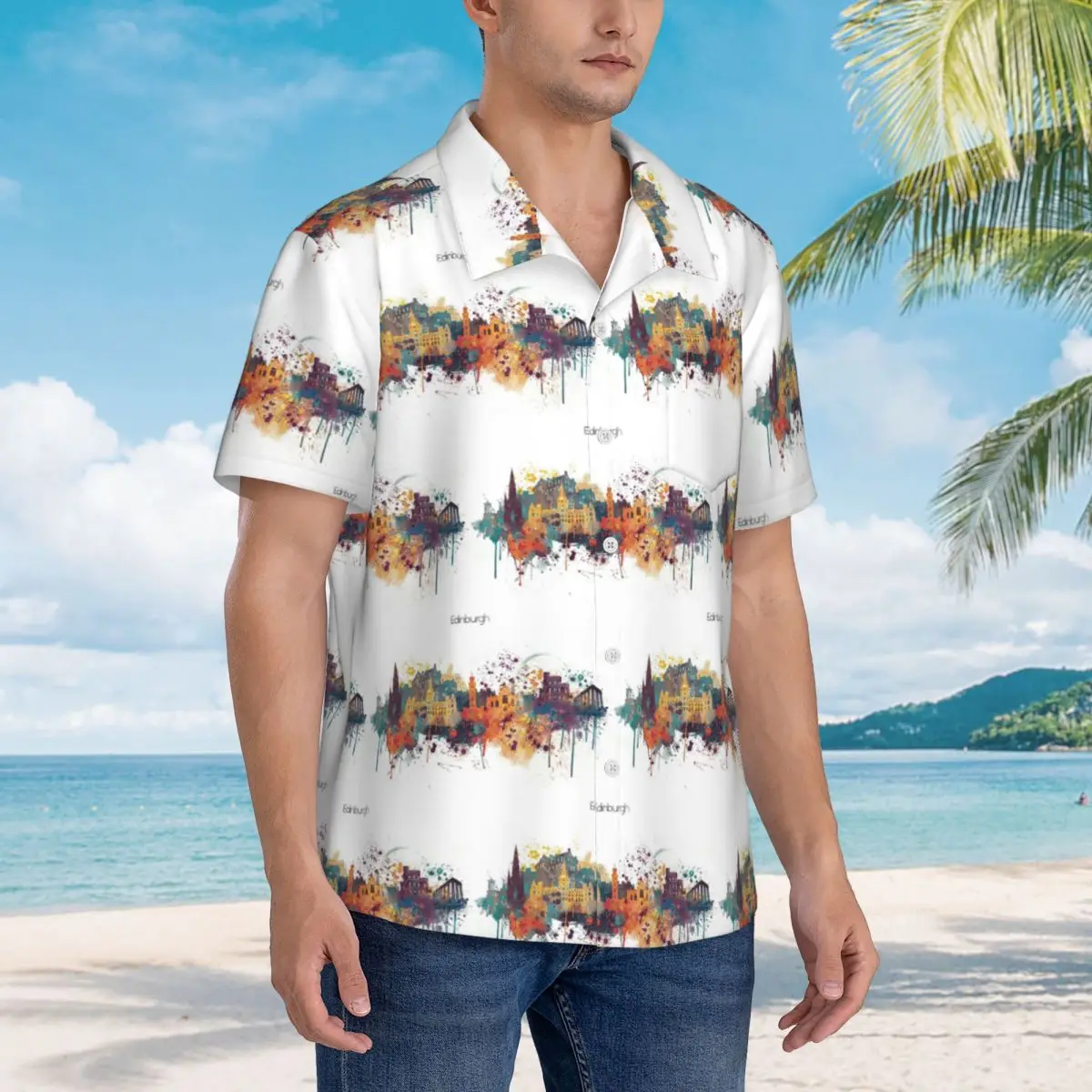 

Гавайские рубашки Edinburgh Watercolor Skyline, повседневная мужская рубашка с коротким рукавом для лета, пляжа, мужские топы на пуговицах
