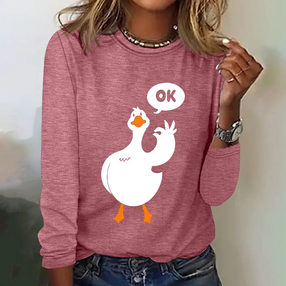 Funny Duck Pattern Long Sleeves T shirt Fall Cotton Women's T-shirts Fashion New O-neck Tops Loose Women Clothing Streetwear