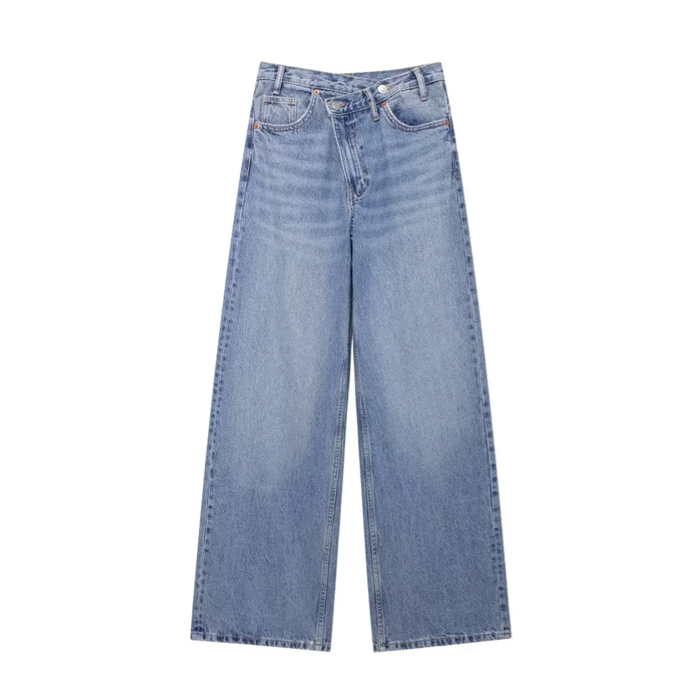 PB & ZA2024 ฤดูหนาวเสื้อผ้าสตรีใหม่สไตล์SlimmingและSimple Double Breastedกางเกงเอวสูงและขากว้างDENIMกางเกง