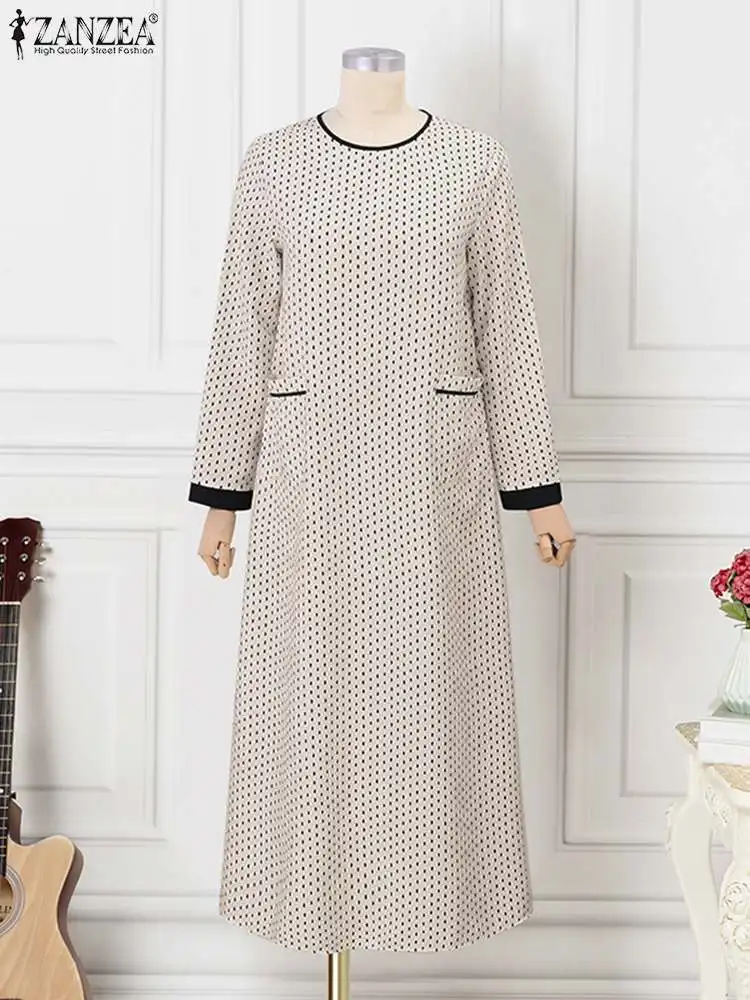 ZANZEA Muslim Long Dress Polka Dots Printed Causal Sundress Long Sleeve O Neck Maxi Dresses Turkey Dubai Abaya Oversize Robe