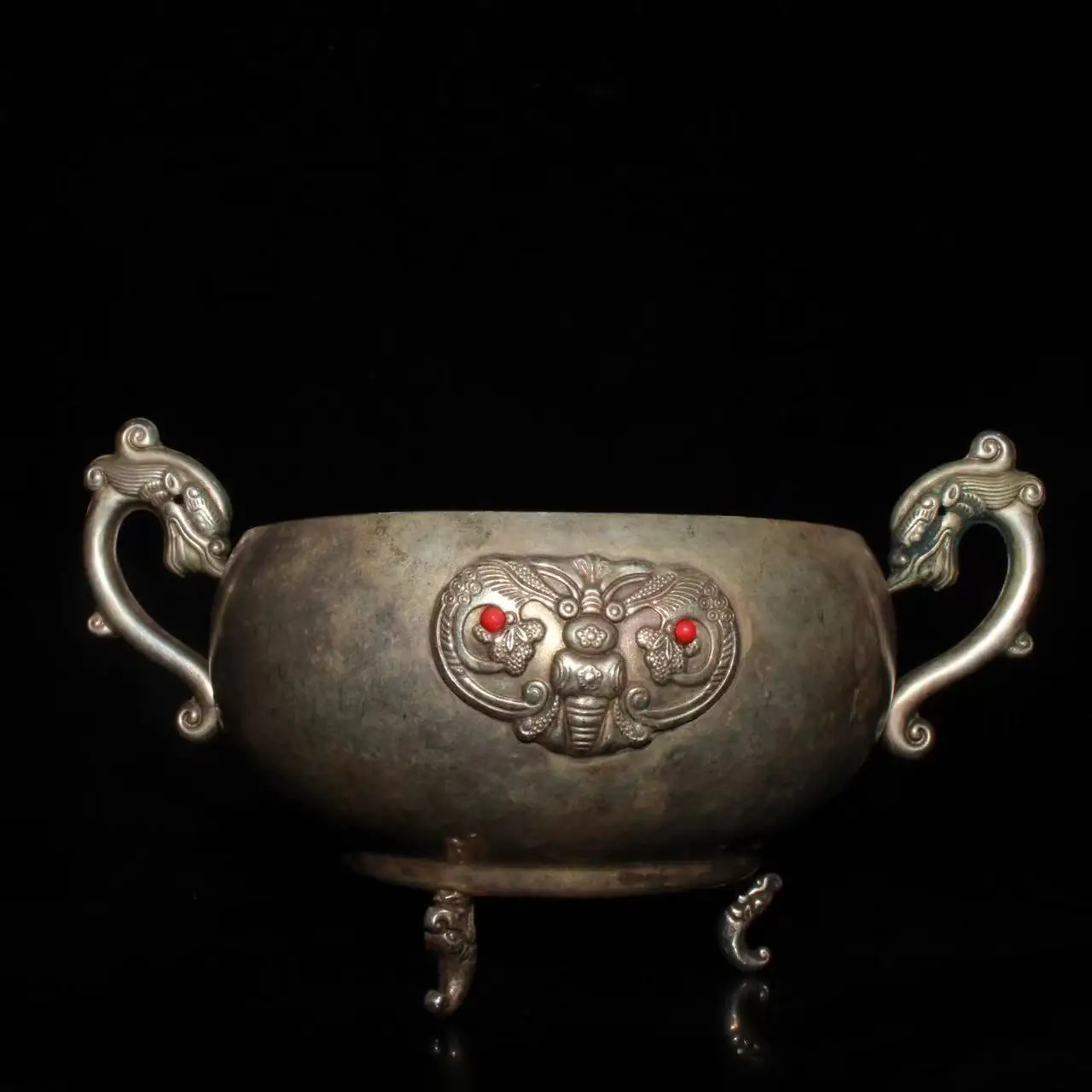 Antique old Tibet Silver&gem two dragon tea cup,Carved flower,with mark, Hand crafts,Collection&Adornment,Free shipping