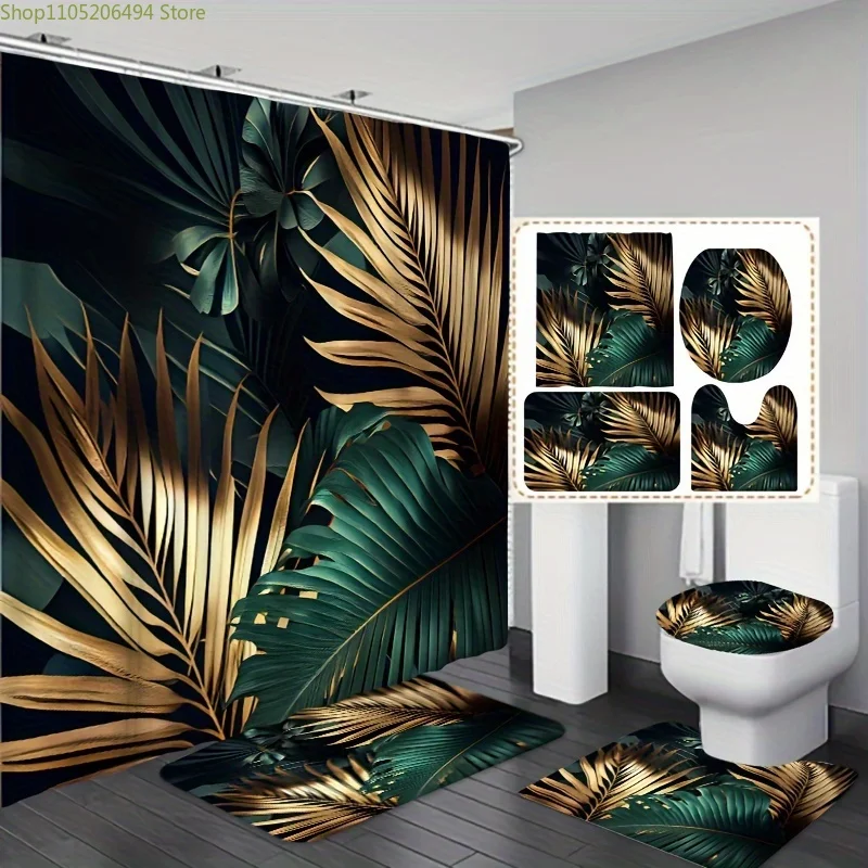 

1pc/3pcs/4pcs Southeast Asian Tropical Rainforest Green Plant Pattern Bathroom Set with Shower Curtain, Three-Piece Set, Four-