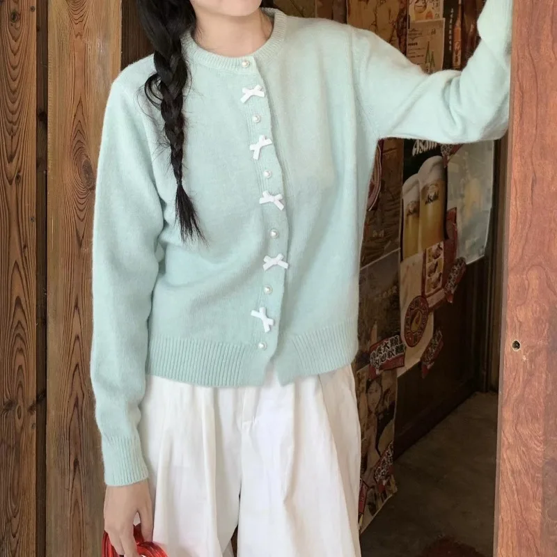 Women's 2026 Autumn New Korean Sweet Macaron Bow Knit Cardigan Sweater Chic Trendy Cashmere Warm Soft Cozy Cute