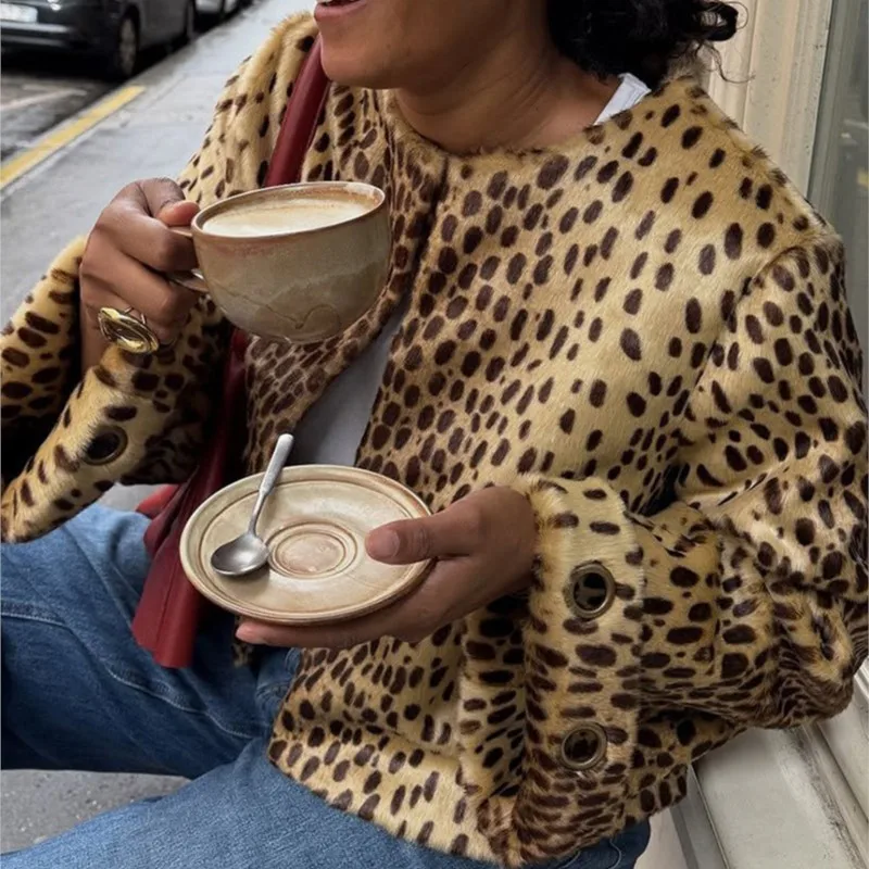 Mode Chic imprimé léopard manteaux veste courte col rond 2025 automne hiver décontracté rue trajet chaud vêtements d'extérieur amples femme