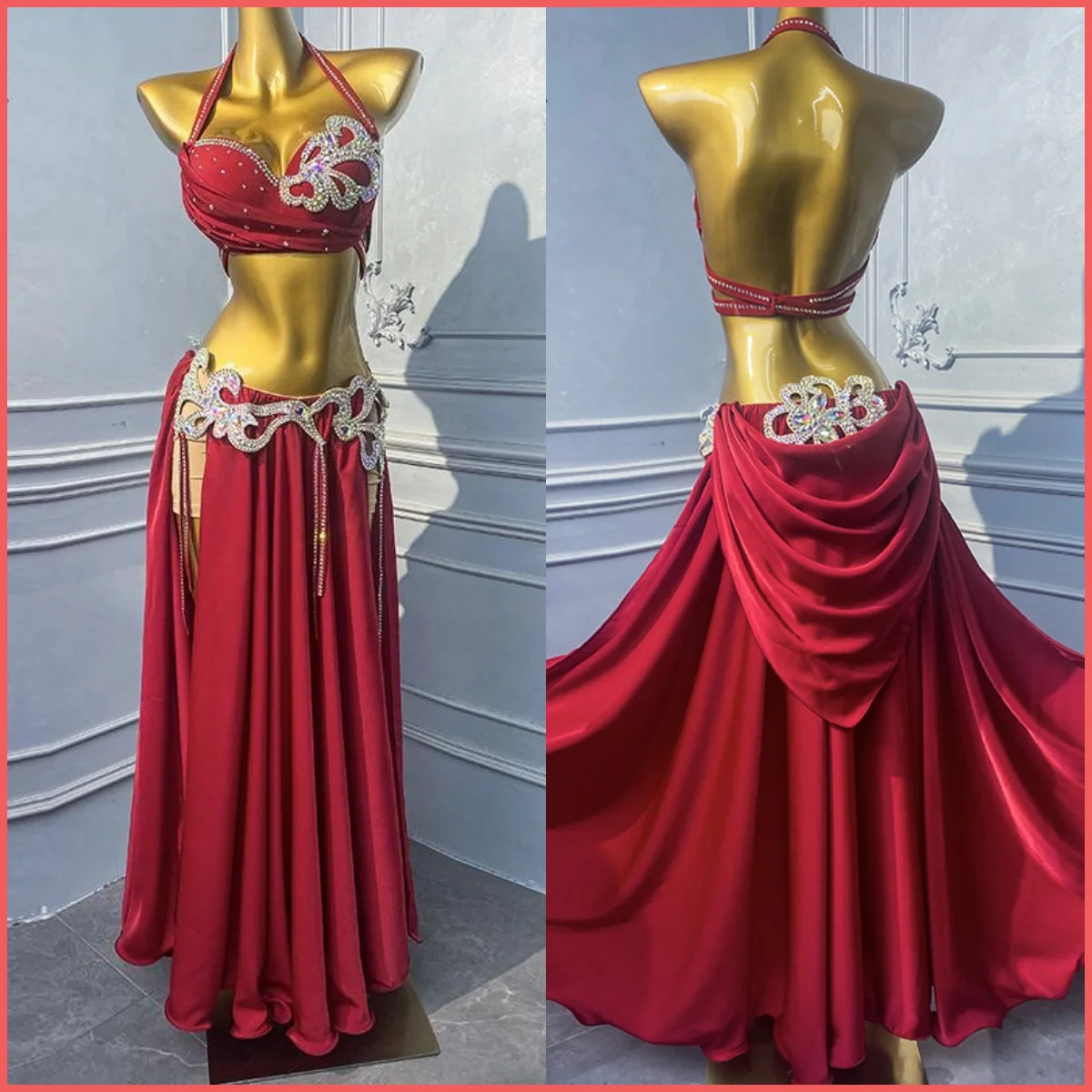 Strój do tańca brzucha, seksowny kostium sceniczny, luksusowy zestaw z dżetami, profesjonalny strój konkursowy do tańca orientalnego dla dorosłych.