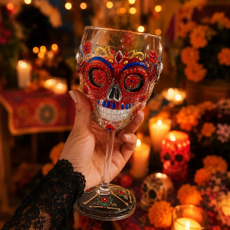 Day of The Dead Sugar Skull Wine Goblet Hand Painted Floral Skeleton Wine Glass Mexican Halloween Party Cocktail Cup Bar Decor