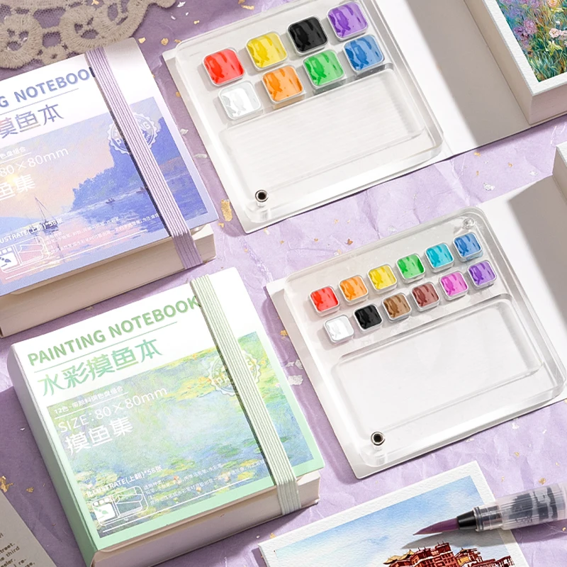 50 Sheets Painting Notebook Mini Watercolor Drawing Book Pocket Notebook With Pigment Palettle Cute Portable Sketching Book Gift