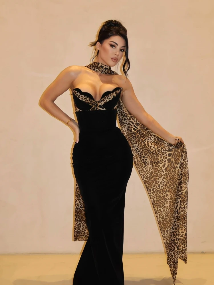 

Сексуальное леопардовое лоскутное длинное платье без бретелек с шарфом, женские черные бархатные облегающие платья без рукавов, вечерние платья
