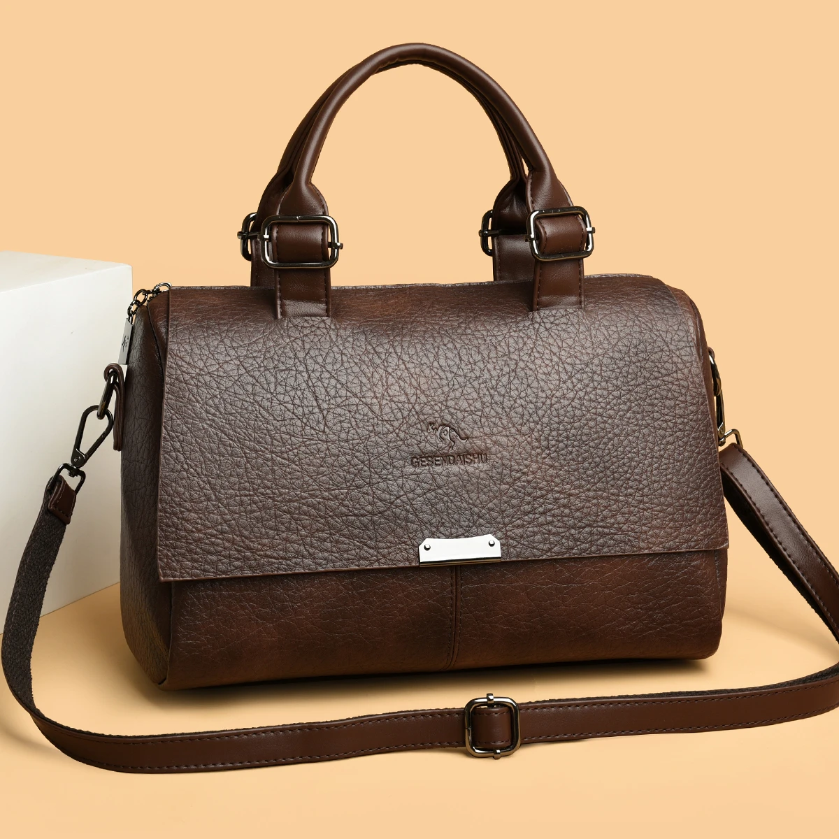 Women PU Leather Boston Handbag Vintage Portable Top‑handle Bag Large Capacity Crossbody Shoulder Bag for Ladies Daily Travel