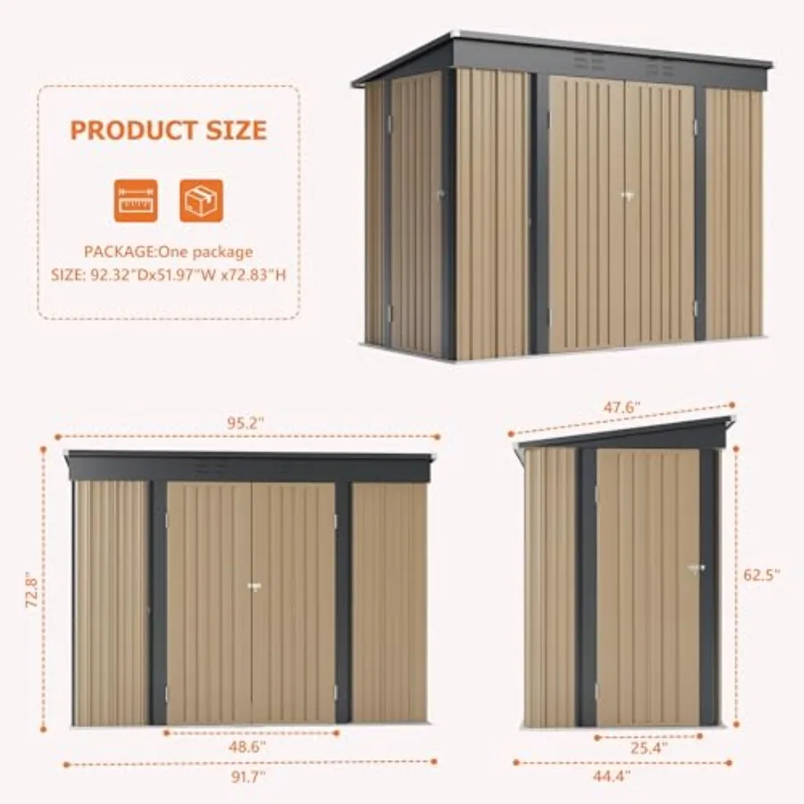 Outdoor storage shed for backyard, patio, lawn use; heavy-duty metal construction; brown color; 8x4 FT size with 3 lockable doo