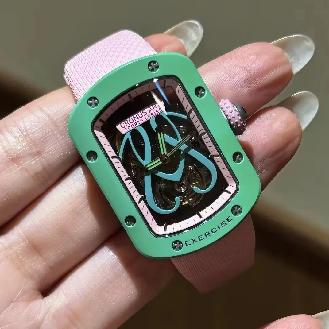 CRONUSART Women Automatic Watch 29mm Tonneau Ladies Mechanical Wristwatch Sapphire Fluororubber Strap Skeleton Dial Luminous