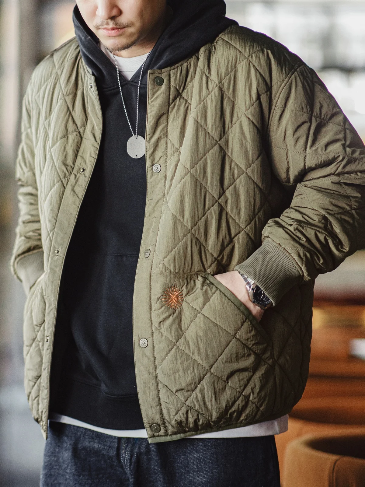 

Мужская зимняя теплая куртка-бомбер Maden Thiened с ромбовидным узором, стеганая, на хлопковом наполнителе, повседневная, удлиненная