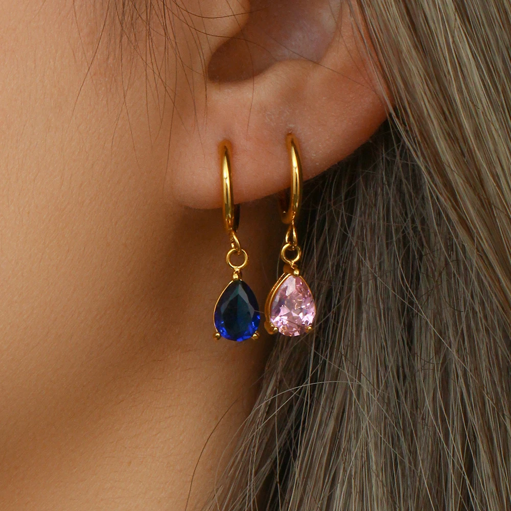 E.B.belle 3A Zircon Waterdrop Charm Small Hoop Earrings For Woman Luxury Cute Jewelry Gift Colorful Crystal Huggie Earrings