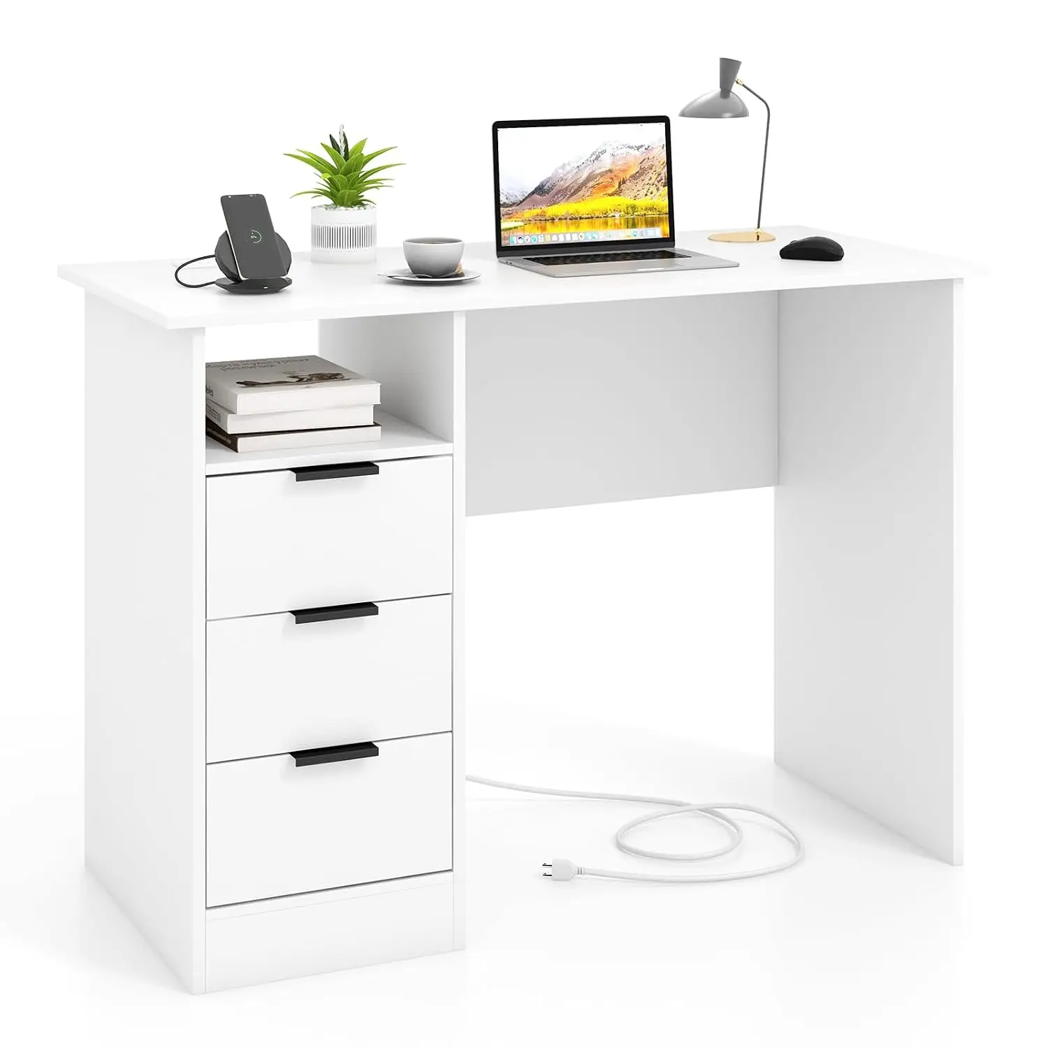 White Desk with Drawers & Charging Station, PC Laptop Workstation with Storage, Makeup Vanity Writing Desk for Bedroom, Customiz