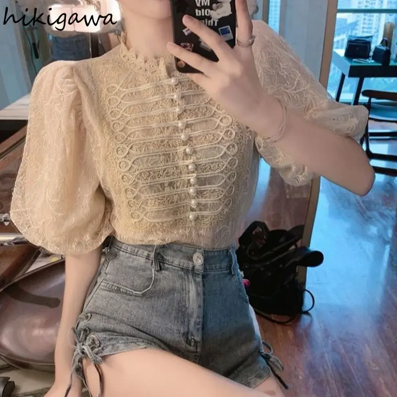 White Women Shirts Puff Sleeve Temperament Lace Chiffon Blouses 2024 Blusas Mujer De Moda Single Breasted Beading Oversized Tops