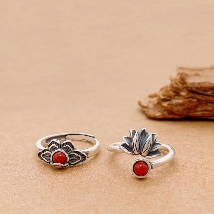 

Retro Butterfly Matte rings for women silver 925 Lotus flower Southern Red Tourmaline Ring adjustable Party Jewelry Gifts