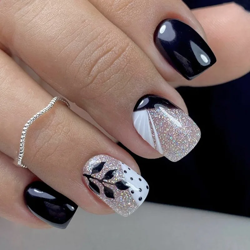 

24pcs Short Square False Nails Art Fashion Black Leaves Fake Nail Tips Wearable Shiny Powder Design Press on Nails Sets Finished