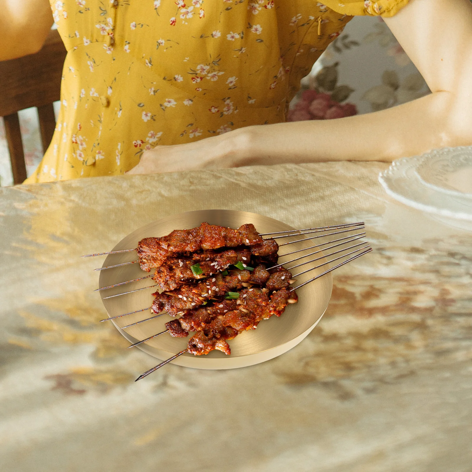 

Gold Stainless Steel Round Tray Flatbottom Design Easy Cleaning Bbq Snack Serving Plates Seasoning Dish Vanity Tray