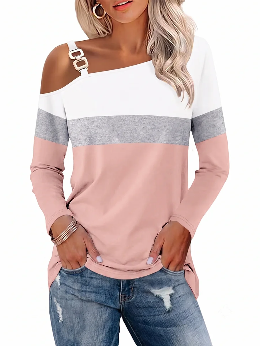 Women Cold Shoulder Long Sleeve T Shirt Autumn Winter Colorblock Patchwork Casual Pullover Top Metal Strap Skew Collar Blouse
