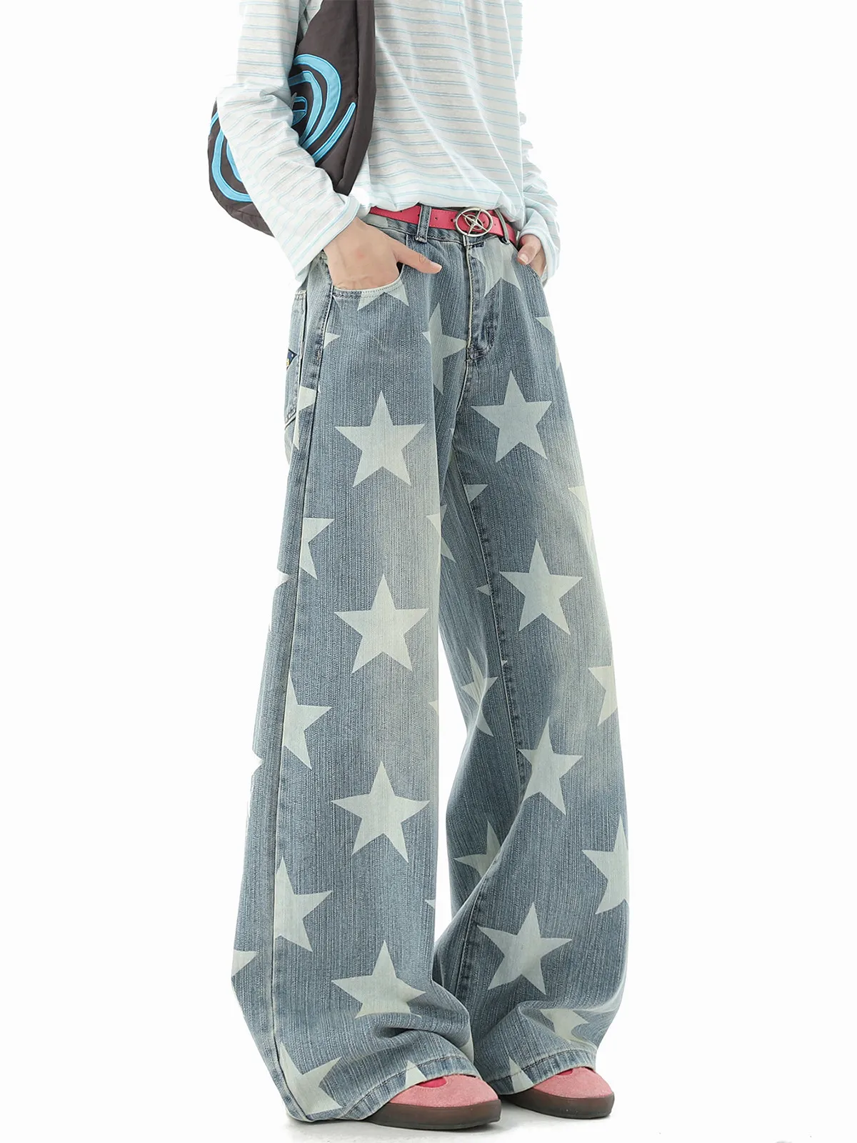 American Design Sense Deconstructed Star Print Jeans Casual Brand Loose Street Style Knife Pants Women Straight Leg Jeans