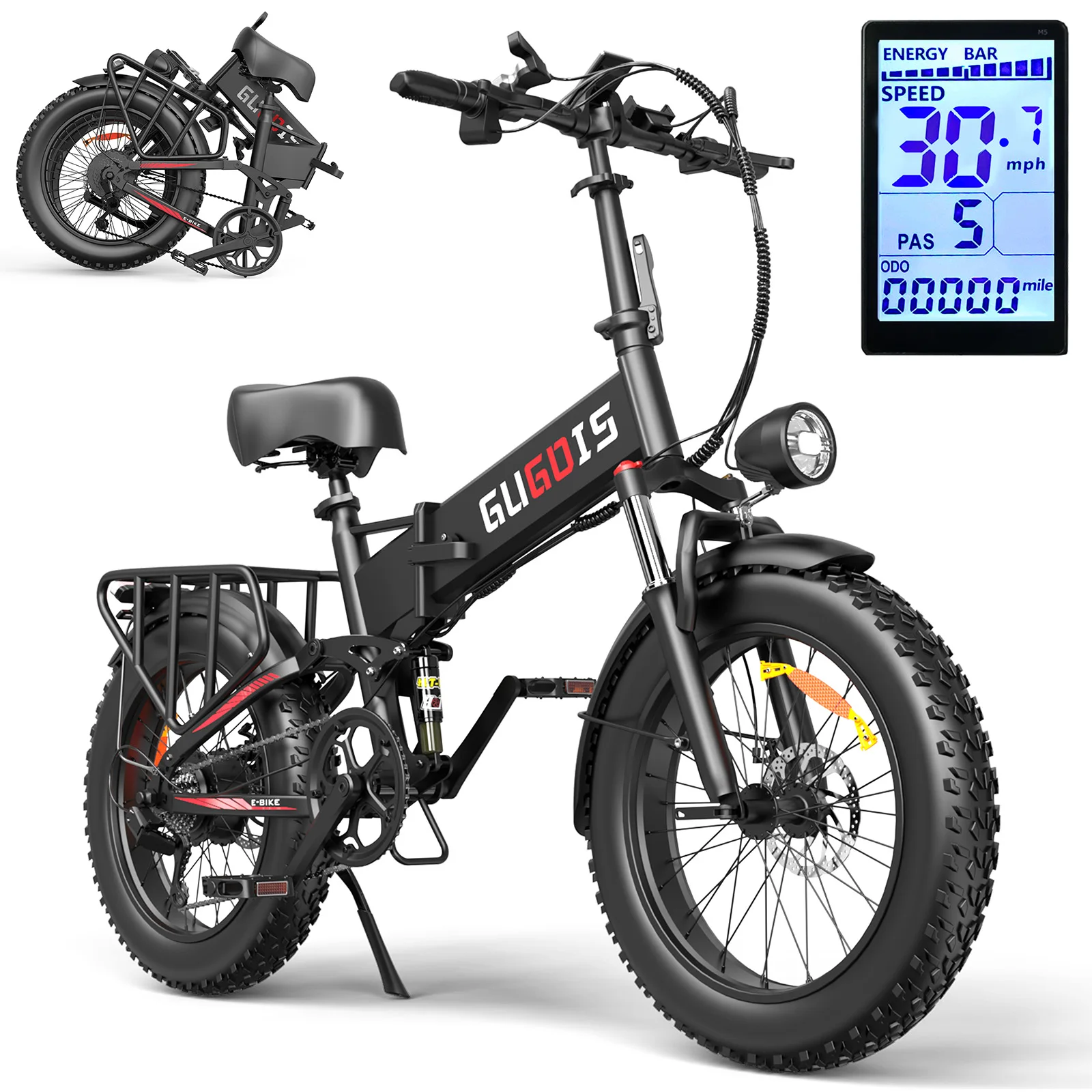 

1500W Folding Electric Bike for Adults & Teens, 20"x4.0" Fat Tire, 48V 23Ah Removable Battery (TUV UL2271 & UL2849 & GCC Certified) ,Up to 31MPH & 60 Miles (PAS Mode), 7 Speed Gear, All Terrain Fast E Bike for Moutains,Snow,Sand,Road