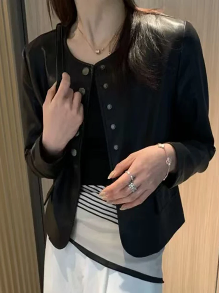 جاكيت نسائي أنيق من الجلد الصناعي بلون دائري، تصميم عصري جديد للربيع، إحساس راقي يقلل من مظهر العمر