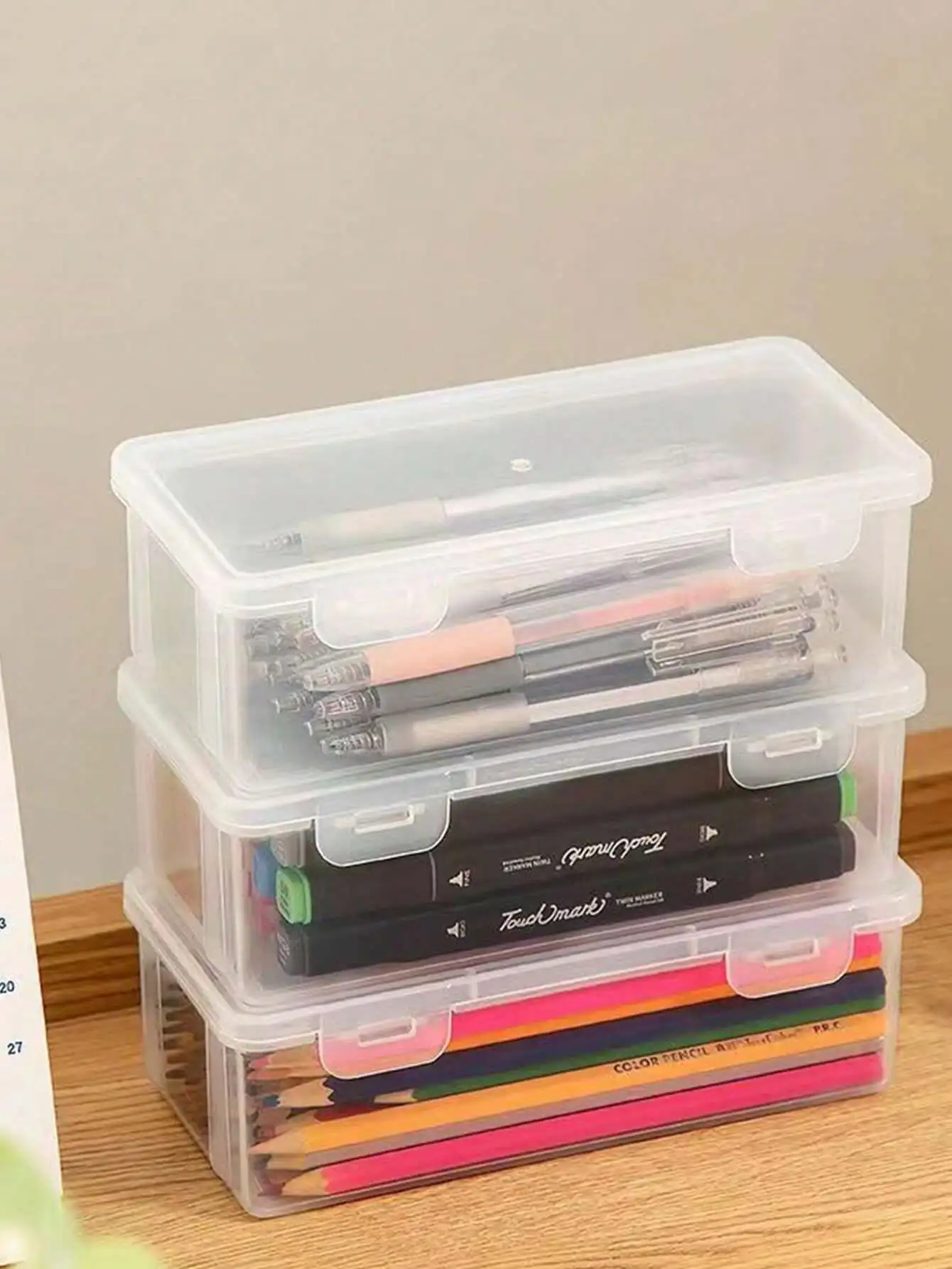 1 قطعة صندوق رصاص من البلاستيك ذو سعة كبيرة جدًا قابل للتكديس صندوق رصاص شفاف وشفاف صندوق منظم للوازم المكتبية لأقلام الجل E