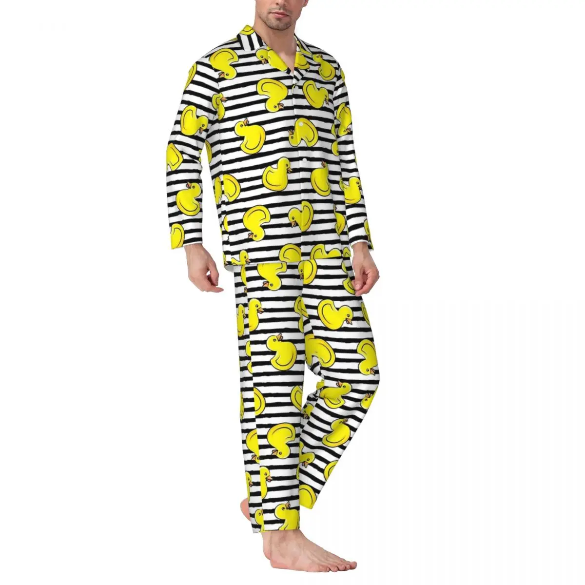 Rubber Ducks Pajamas Men black stripes Lovely Leisure Nightwear Autumn Two Piece Aesthetic Oversized Design Pajama Set