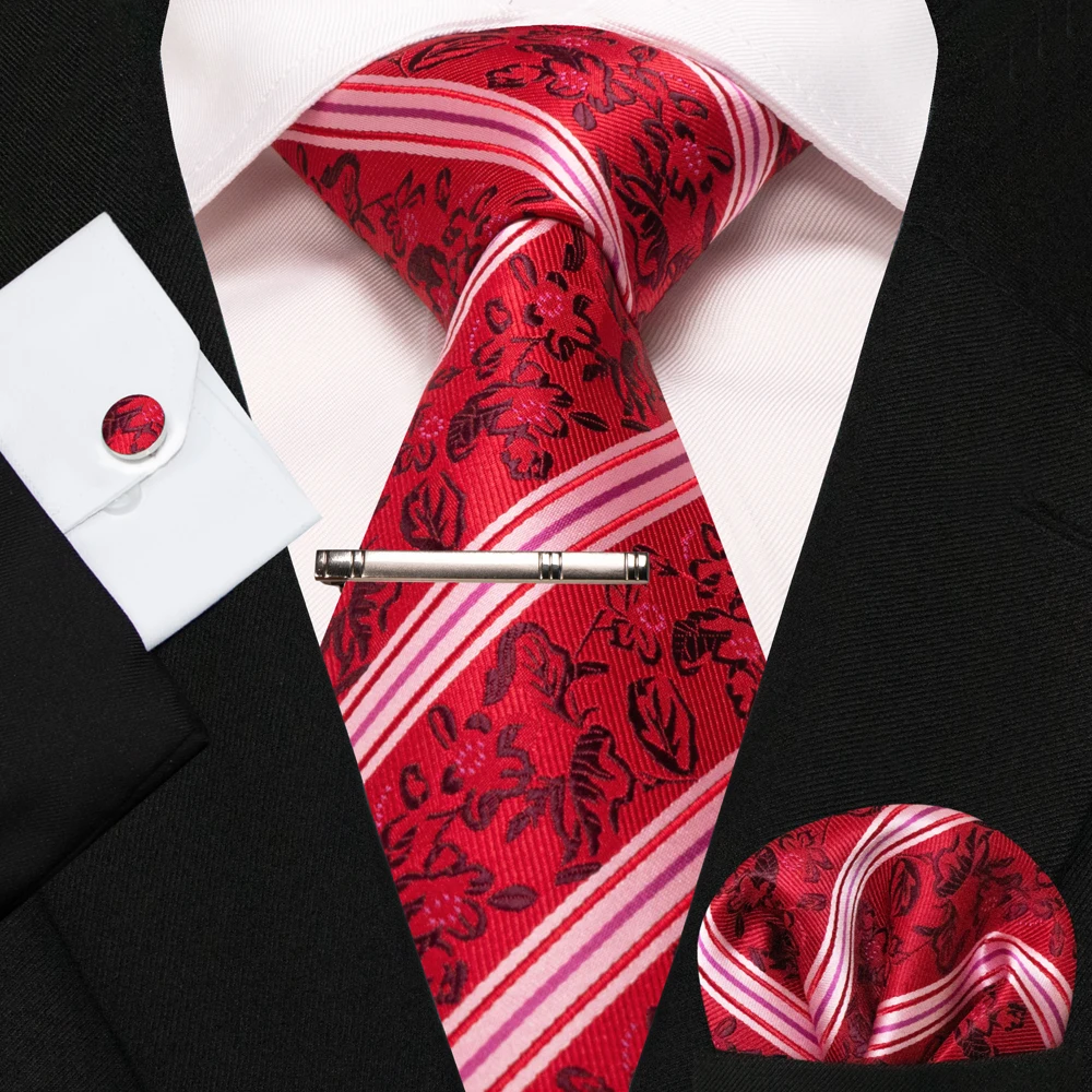KAMBERFT Neue Klassische Seidenkrawatte für Herren Rot-Gold Gestreift Herrenkrawatte Taschentuch Manschettenknöpfe Set Hochzeit Business Party Gravatas – Detail 20