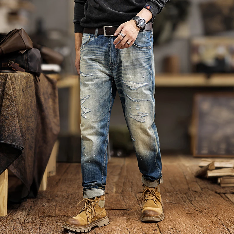 

High Quality Selvedge Ripped Denim Jeans for Men 2025 Spring Autumn American Vintage New Slim Straight Stretch Tapered Pants