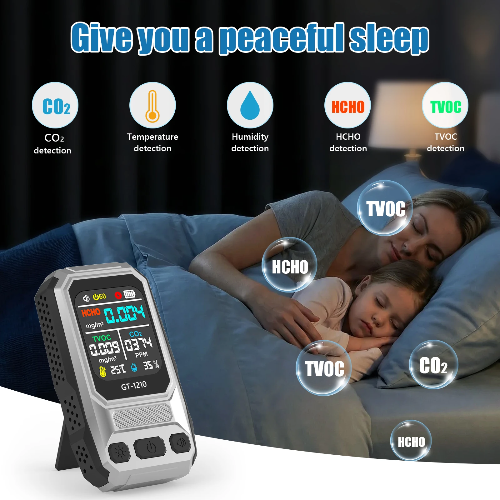 Latest 5 In 1 Air Quality Monitor CO2 HCHO TVOC Tester Temperature Humidity Meter Mini Gas Detector CO2 Meter Air Quality Sensor
