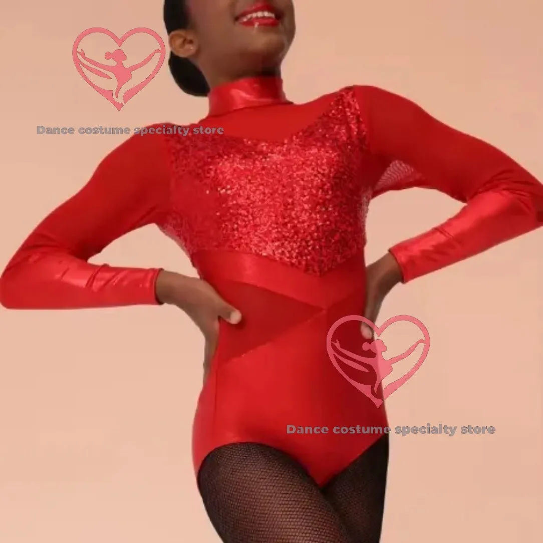 

High-Quality Red Shimmering Tight-Fit Long-Sleeve Finished Jazz Dance Costume