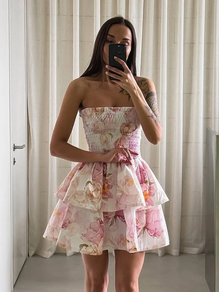 

Marthaqiqi Printing Women Nightgowns Backless Sleepwear Strapless Pajamas Slash Neck Nightwear Mini Dress Casual Ladies Nightie