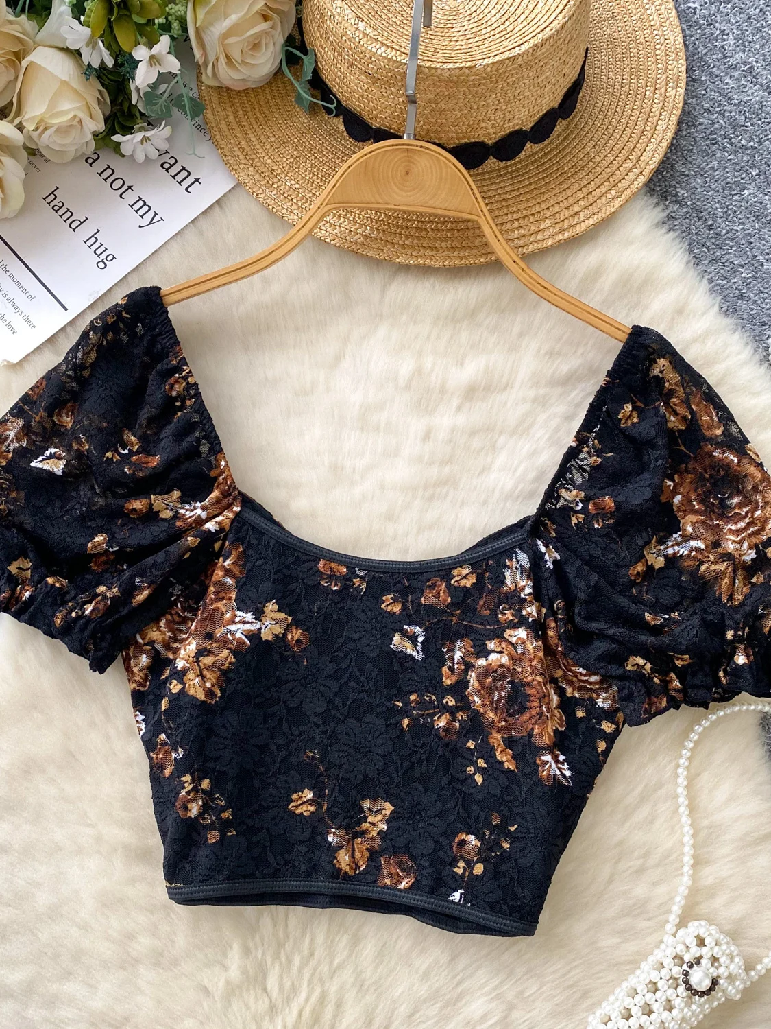 Sweet Court-Top de encaje con bordado pesado para mujer, csa informal de manga corta de estilo coreano, ajustada, a la mod...