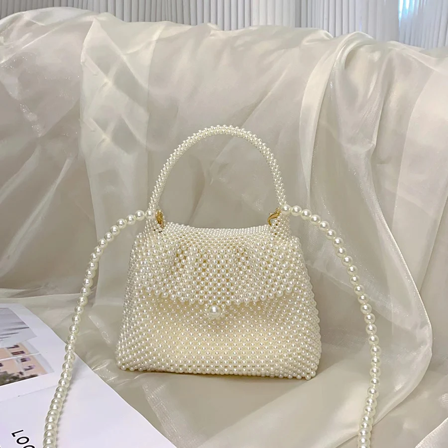 Beaded Woven Tote Bags for Women Pearl Purses and Handbag Ladies Wedding Evening Party Hand Bags Holiday Purse Travel Dinner Bag