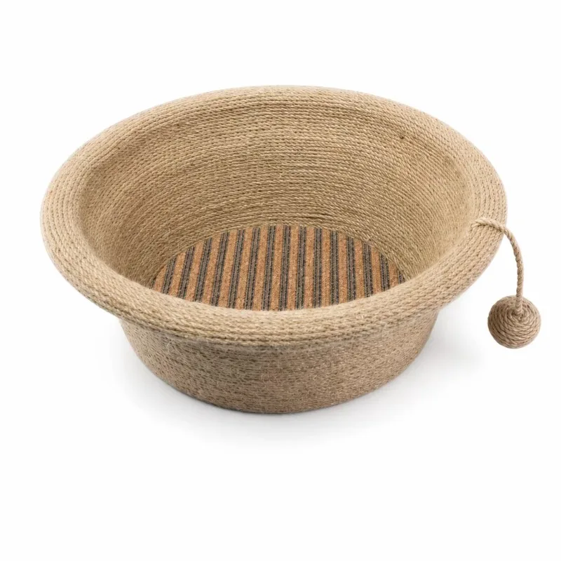 Oval Cork & Sisal Cat Bed with Hanging Ball - Light Beige Scratchable Nest Eco Pet Furniture