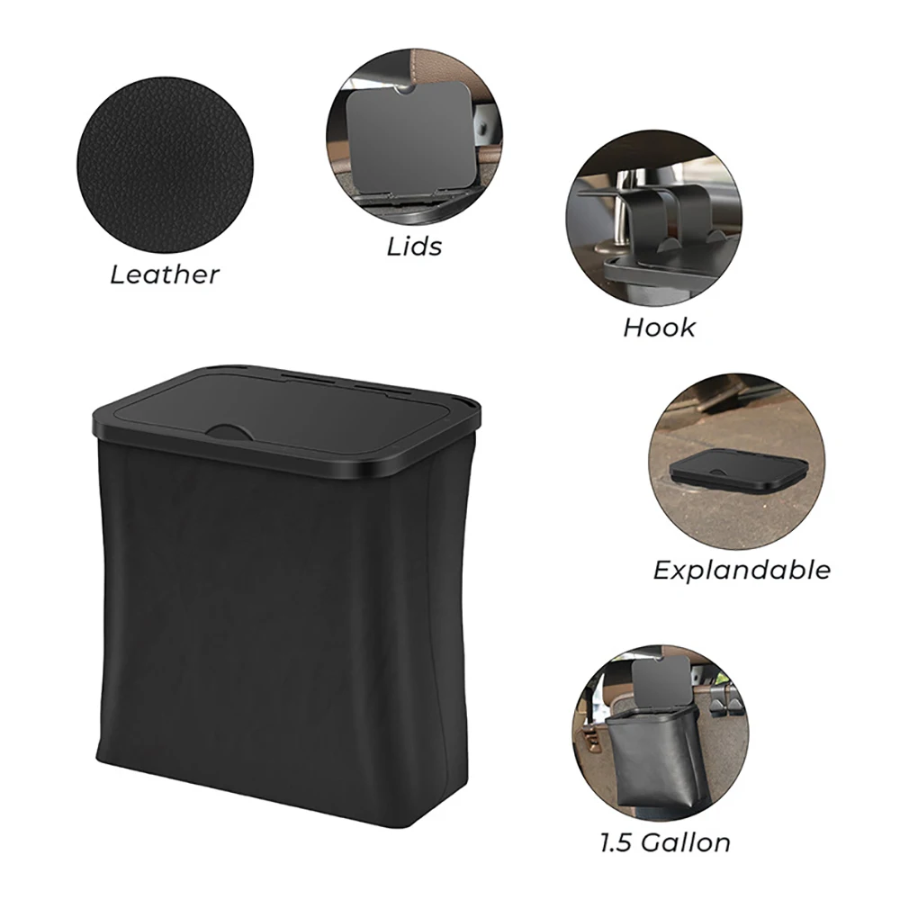 Leathern Car Trash Can, Waterproof Garbage Bag,1.5 Gal Leak Proof Trash Bag with Lid,Collapsible Car Organization for SUV /Truck