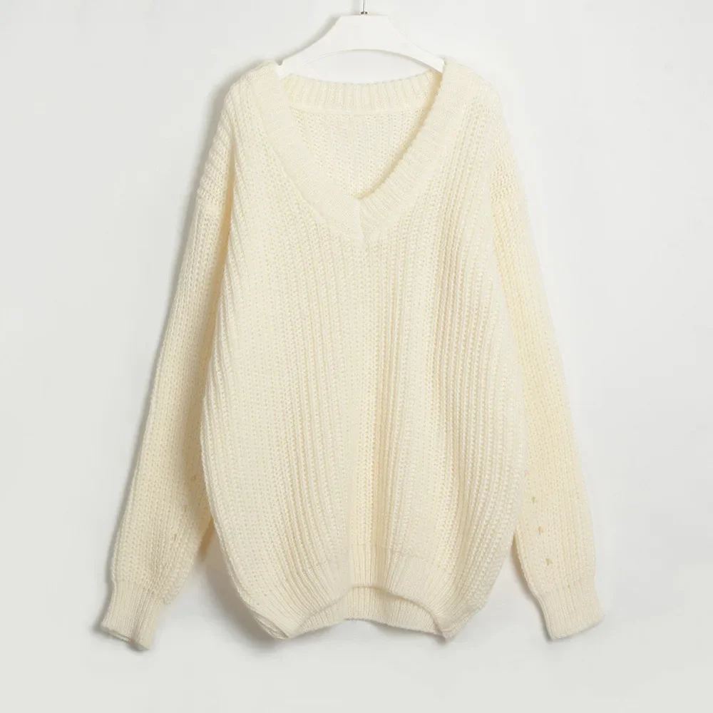 V-Neck Oversize Sweater Woman Casual Loose Knitted Jumper Korean Style Fashion Women Sweaters 2024 Autumn Winter