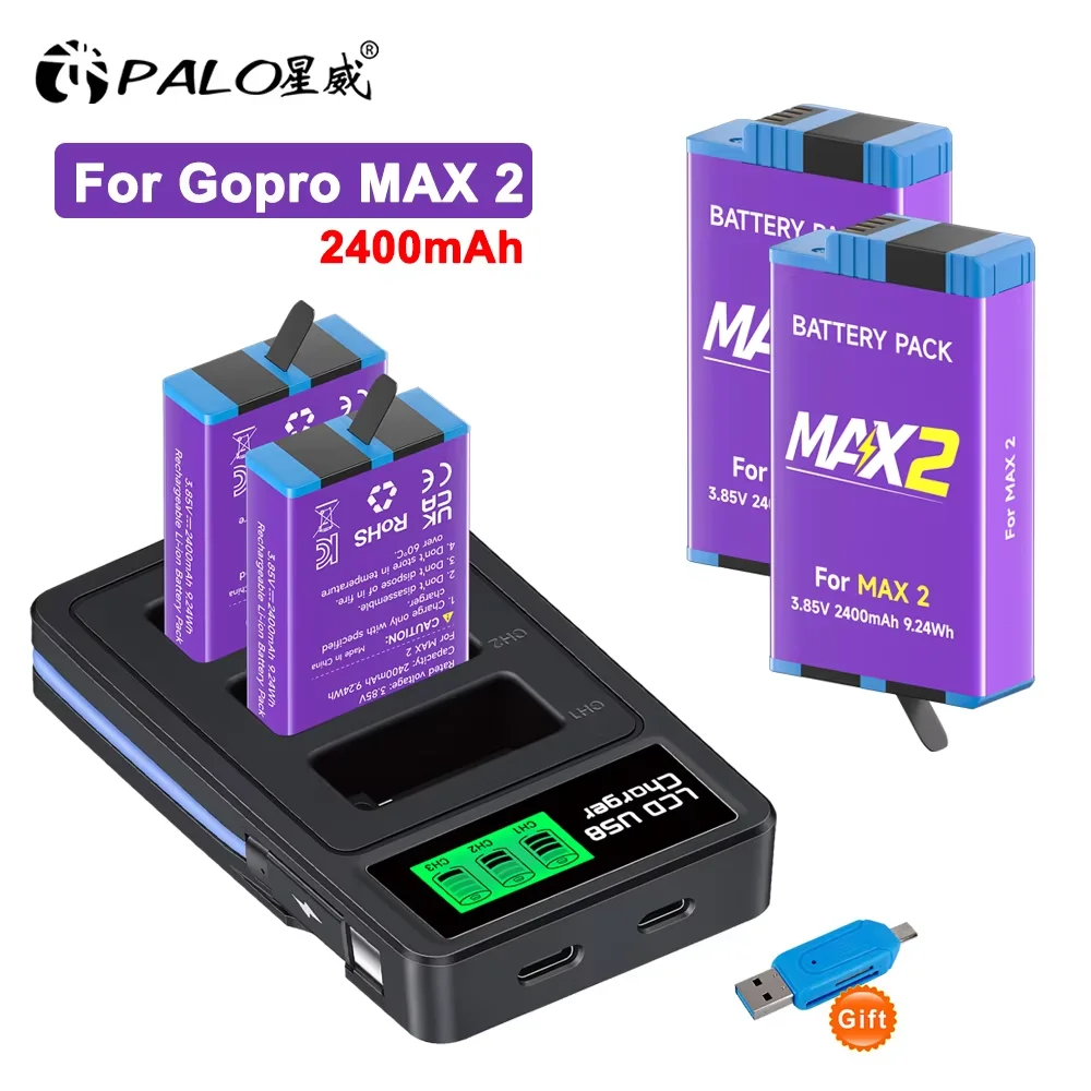 2400mAh Battery For Go Pro MAX2 Rechargeable Lithium Battery+3-Slots LCD Charger For Gopro Max 2 Action Camera Accessories