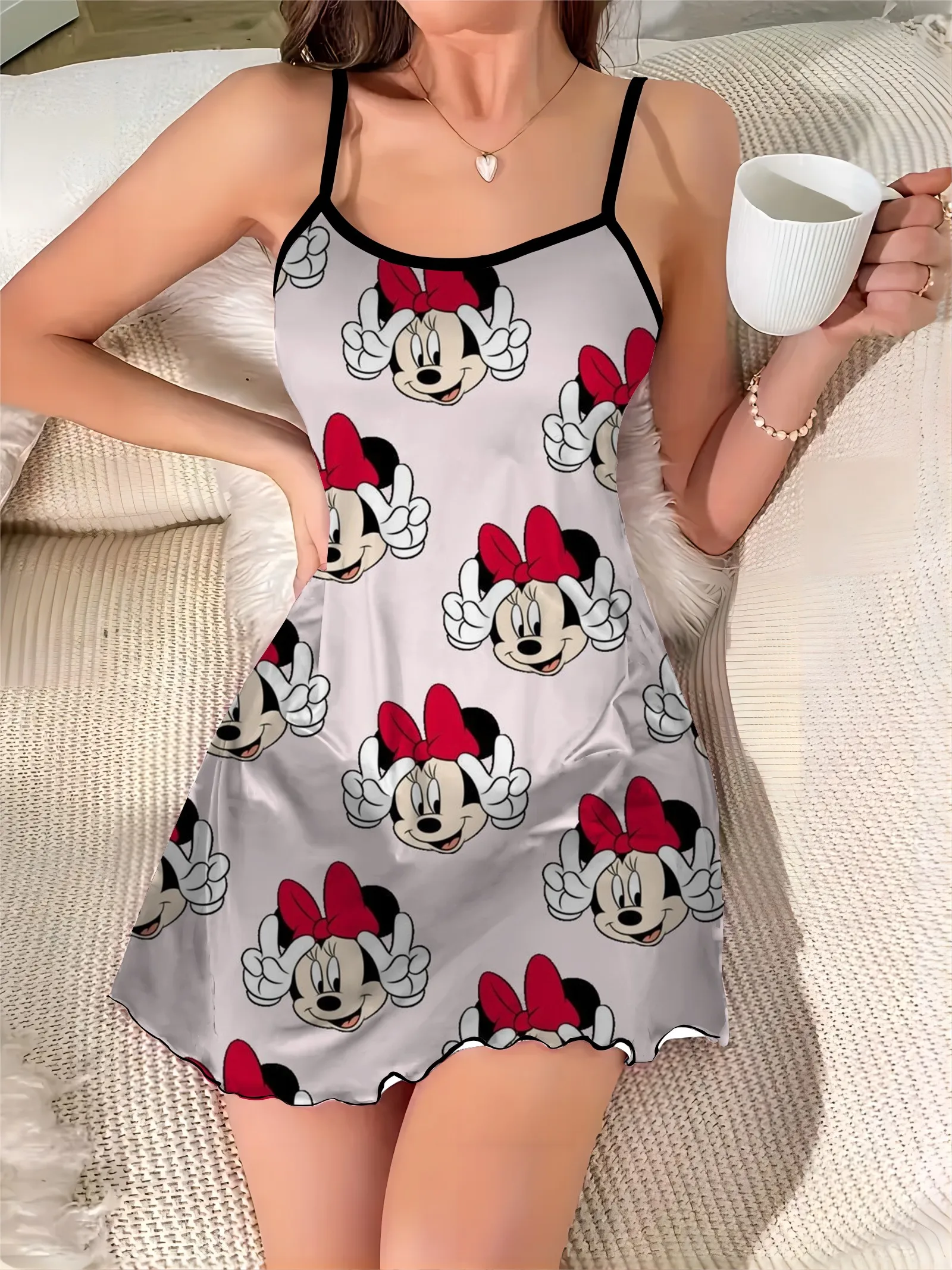 Lettuce Trim Pajama Skirt Mickey Home Dress Crew Neck Satin Surface Elegant Dresses for Women Disney Minnie Mouse Chic Mini Sexy